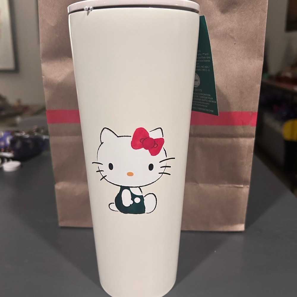 Starbucks White Hello Kitty Tumbler with Red Bow